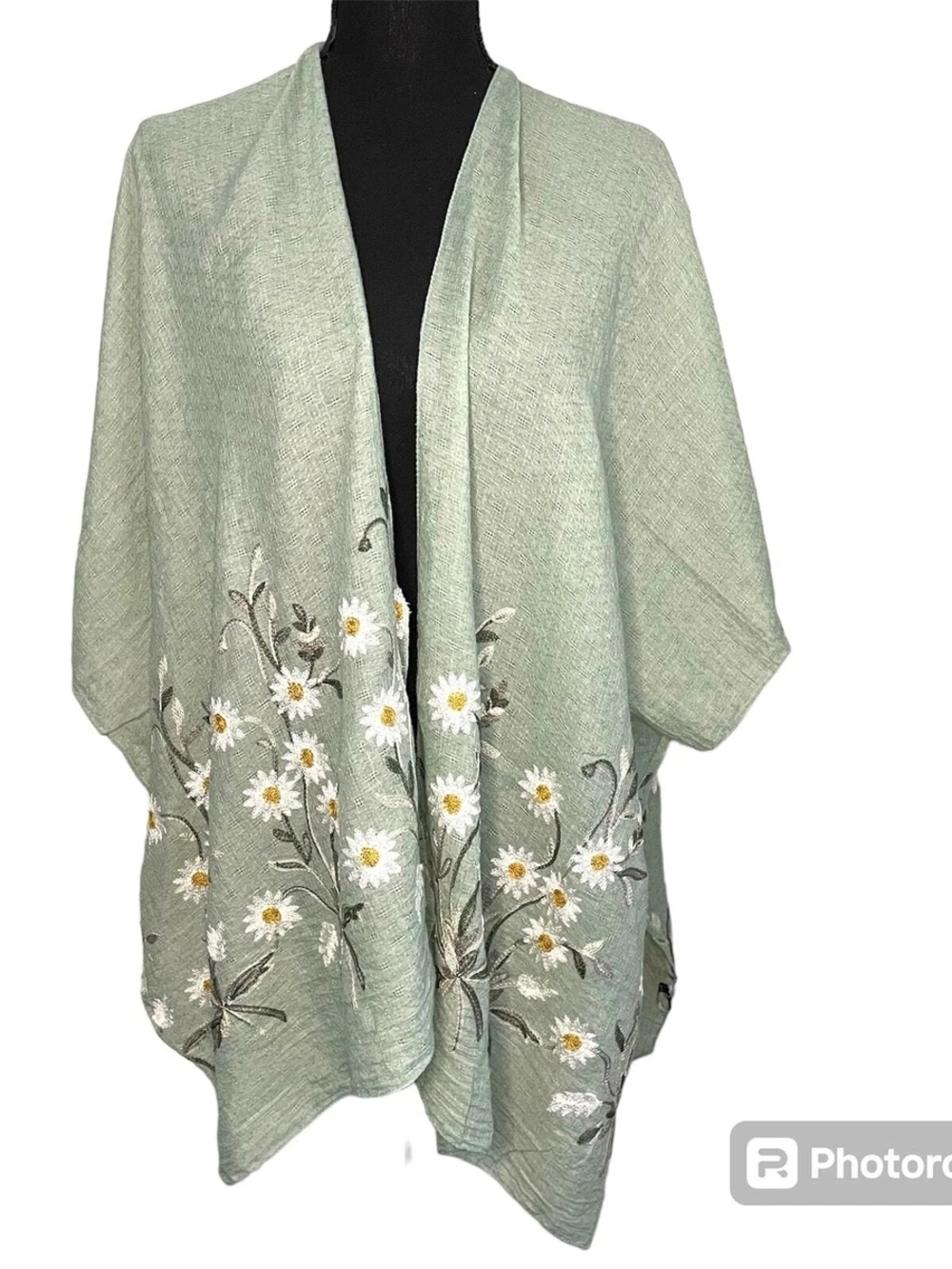 Light Sage Floral Embroidered Kimono Cardigan